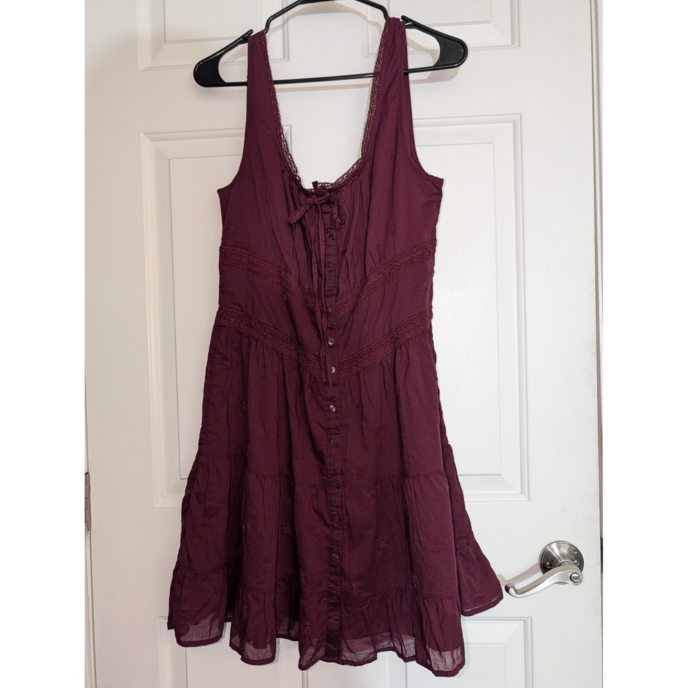 Gap Burgundy Cotton Lace Trim Embroidered Tiered Mini Dress M Tall Boho Cottage